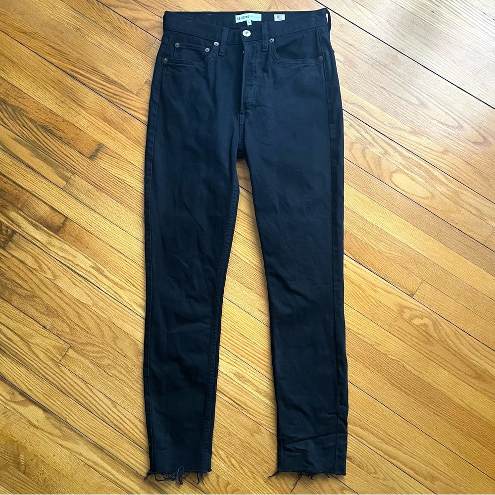 RE/DONE Black High Waisted Ankle Crop Raw Hem Button Fly Jeans Size 27 - Picture 4 of 10